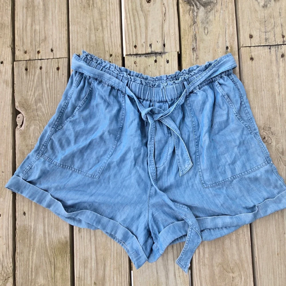 Shorts Womens Lucky Brand Blue Lyocell Paperbag Waist Tie Front Light Wash Large